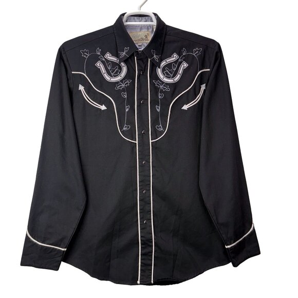 Roper Shirt Mens Large Black Horseshoe Western Embroidered Pearl Snap Rodeo - Picture 1 of 8